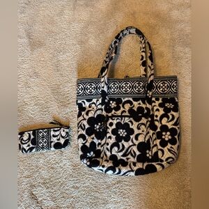 Vera Bradley Floral Black and White Tote Bag with Pouch